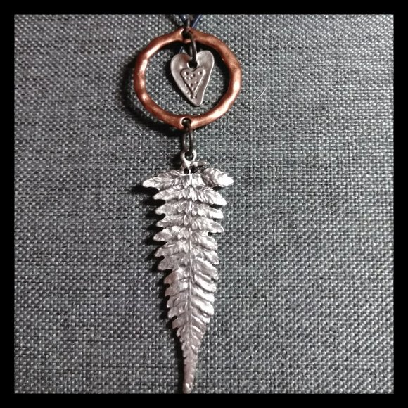 Lightweight Fern Pendant w silver & copper tone metal on leather cord. - Picture 2 of 3